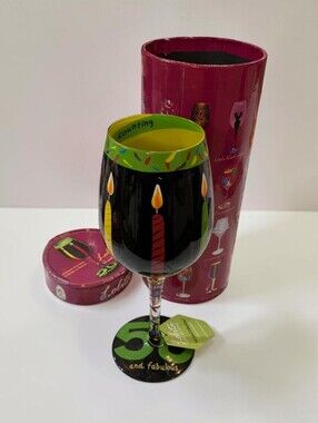 Lolita Hand Painted Wine Glass "50 and Fabulous" Birthday Candles with Box 15oz